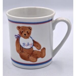 Vtg. Curzon Teddy Bear Childs Mug Ceramic Blue Pink Stripe Nursery Decor Planter